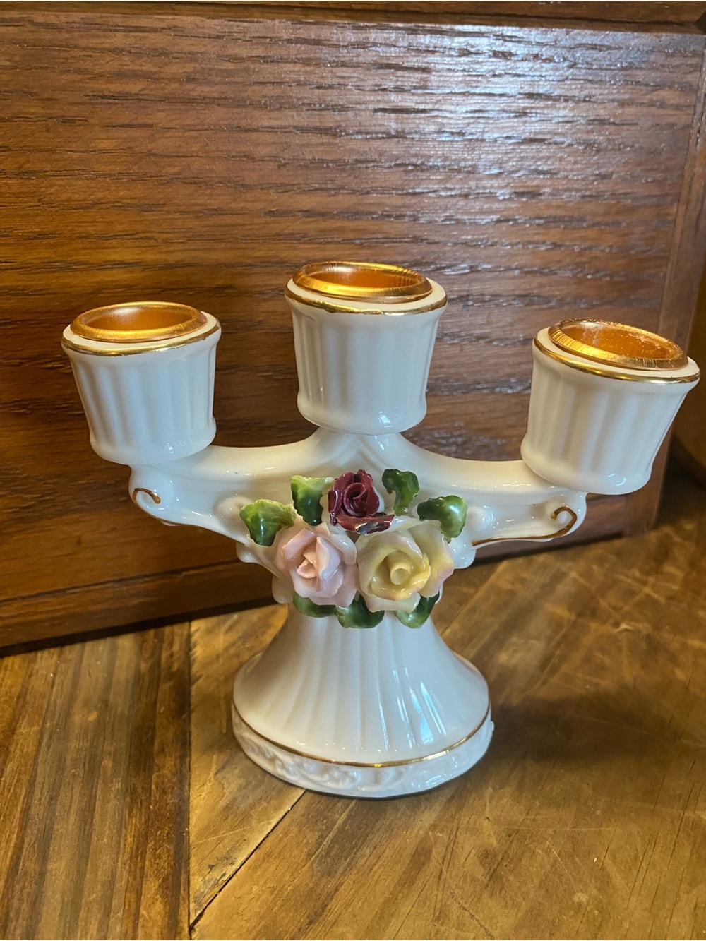 Vintage Porcelain Floral 3-Arm White and Gold Candle Holder